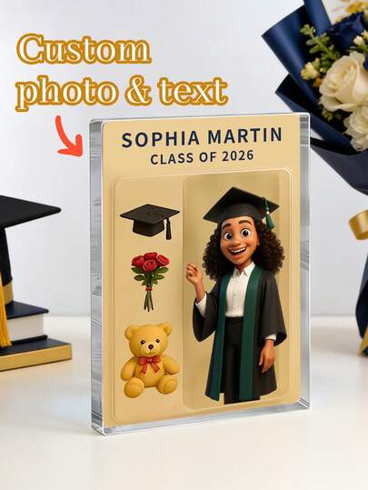 1 pieza Bloque acrílico personalizado con foto de graduación, Decoración de escritorio personalizada con foto de graduado de la clase de 2026, Placa acrílica personalizada con nombre y año de graduación, Diseño de graduado y encanto de dibujos animados, Recuerdo de graduación, Regalo de graduación para estudiantes de secundaria/universidad, Perfecto para exhibición en escritorio, fiesta de graduación, celebración familiar, regalos personalizados, temporada de graduación