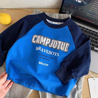 2026 Spring New Boys' Long Sleeve Raglan T-Shirt, Navy Blue Color Block Stylish Versatile Top