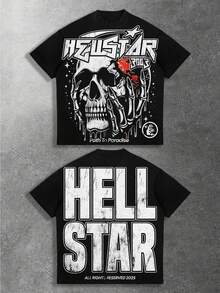 Hell Star Paradise Skull Flame Distressed Oversized Graphic Tee Men's Short Sleeve Pure Cotton T-Shirt Loose Fit, Y2K Streetwear Vintage Casual Punk Gothic Aesthetic Baggy 100% Cotton Pullover Gift - Black - View 1