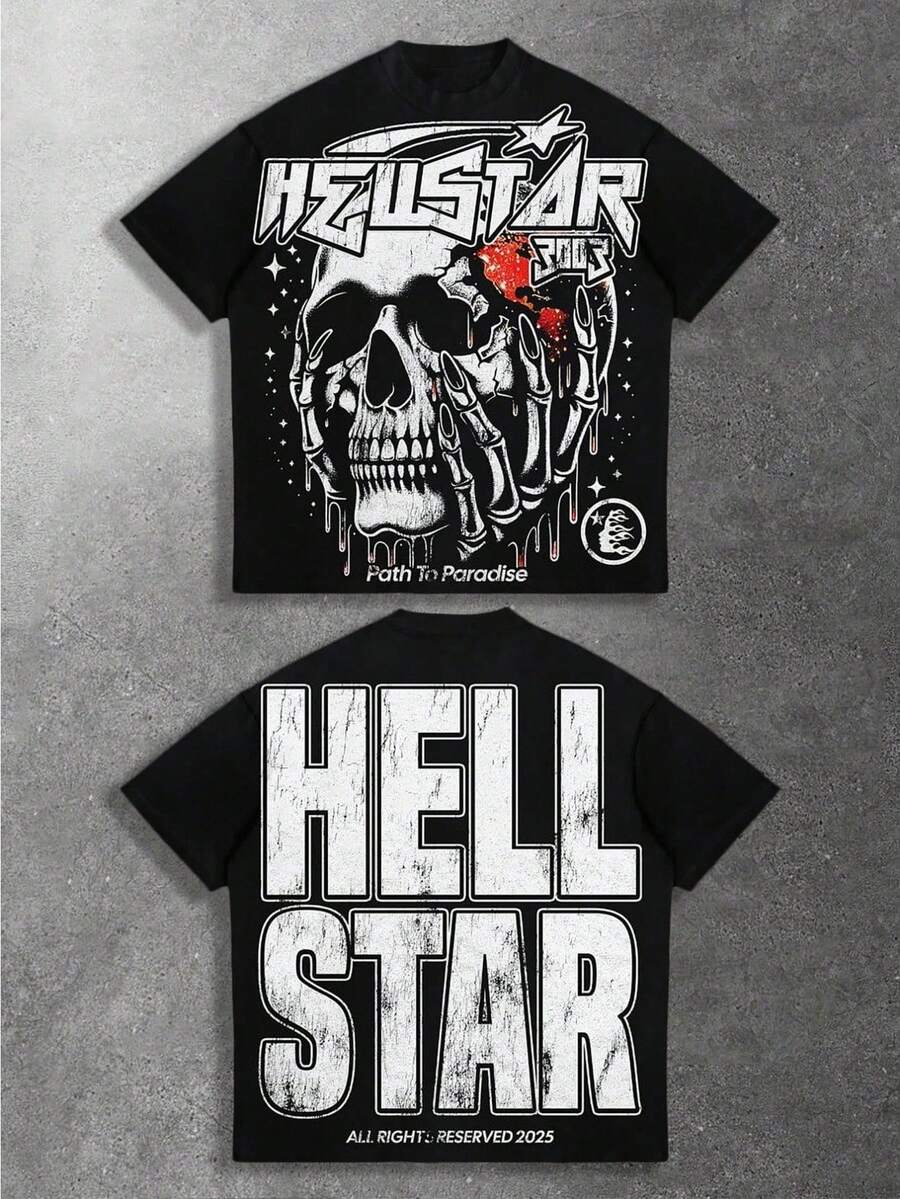 Hell Star Paradise Skull Flame Distressed Oversized Graphic Tee Men's Short Sleeve Pure Cotton T-Shirt Loose Fit, Y2K Streetwear Vintage Casual Punk Gothic Aesthetic Baggy 100% Cotton Pullover Gift - Black - View 1