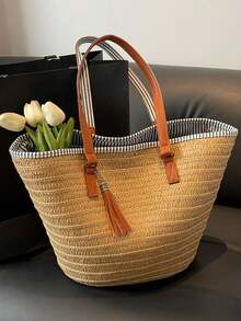 2026 New Fashion Large Capacity Woven Bucket Bag, Casual Versatile Women Shoulder Tote Bag, Suitable For Daily Commute, Outing, Travel, Beach Holiday - Multicolor - View 2