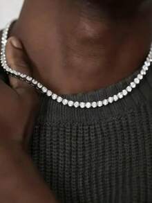 1pc Cubic Rhinestone Punk Gothic Necklace Bracelet, Unisex Hip Hop Formal Wear Fashionable Accessory, Suitable For Daily Wear - Silver - View 2