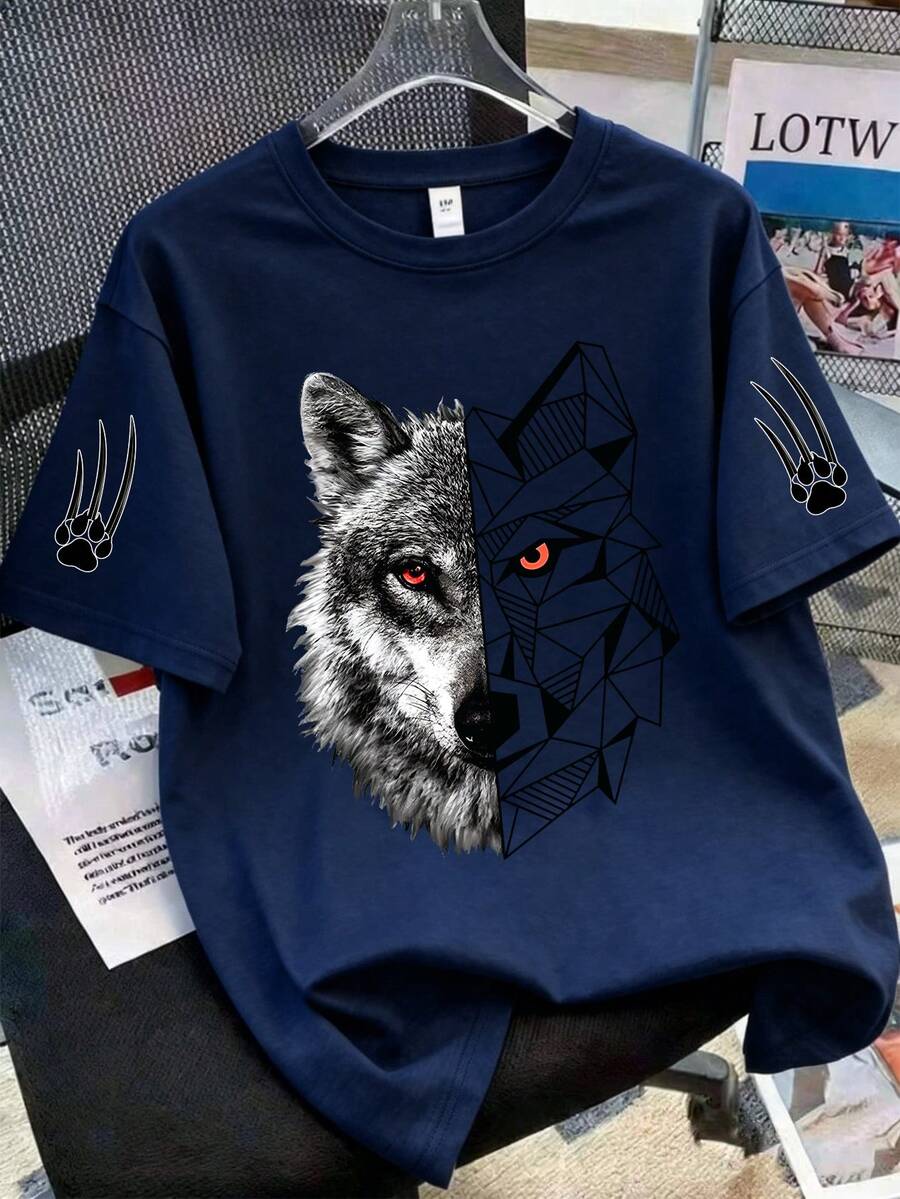 2026 Summer New Loose Fit Round Neck Short Sleeve T-Shirt For Teenagers, Colorblock Wolf Head & Claw Print Streetwear Casual Top - Royal Blue - View 1