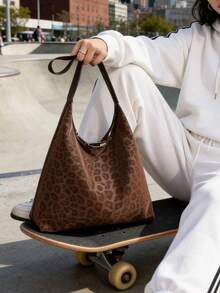 Fashionable Leopard Print Fabric Minimalist Versatile Women Handbag, Suitable For Party, Street Style - Brown - View 5