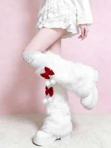 1 Pair Sweet Wine Red Bow & White Fuzzy Leg Warmers (May Have Slight Shedding) - Multicolor - View 4