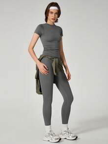 TimeOff 1pc Women High Waist Elastic Fitted Letter Print Sports Leggings - Dark Grey - View 5