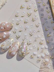 1pc 5D Embossed Self-Adhesive Nail Sticker, Gold Foil Leaf & Magnolia Flower Spring Nail Art Decals, Versatile Retro Small Flower Nail Sticker Supplies - Multicolor - View 2