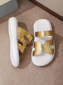 1 Pair Kids' Gold Soft Shiny Metallic Leather Casual Slip-On Beach Sandals, Classic Minimalist Open Toe Elastic Flexible Non-Slip Sole, Fashionable & Elegant Flat Slides Suitable For Daily, Beach, Holiday, Party Wear, Spring/Summer - Gold - View 6