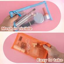 3 bolsas de maquillaje de malla pequeñas bolsas de maquillaje de malla con cierre bolsa de cosméticos portátil para mujer bolso de lápiz labial llaves artículos esenciales tarjetas - Naranja rosa y azul - Ver 3