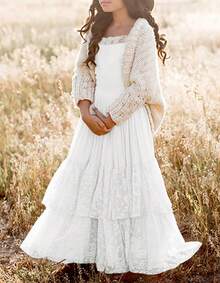 2026 Girls Elegant Lace Flower Boho Dress Long Sleeve Backless Square Neck Ruffle Party Maxi Dress - 05 白色 - 查看 5