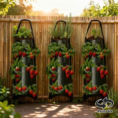 2个壁挂式草莓种植袋，悬挂式多孔草莓种植袋，阳台和庭院绿色蔬菜种植袋，透气、透水、耐用且可重复使用