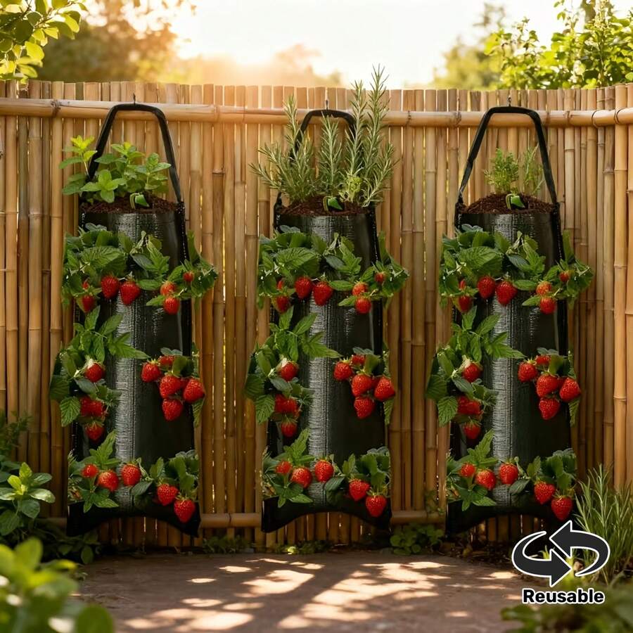 2个壁挂式草莓种植袋，悬挂式多孔草莓种植袋，阳台和庭院绿色蔬菜种植袋，透气、透水、耐用且可重复使用 - 彩色 - 查看 1