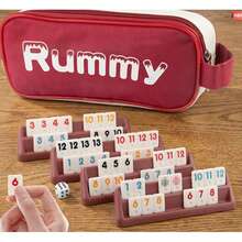 1 Set Juego de Mesa de Rummy para Viaje, Incluye Bolsa de Lona Duradera, Juego de Cartas Clásico de Rummy, Adecuado para Juego Familiar, 106 Cartas, 4 Soportes para Cartas, 1 Dado (2-4 Jugadores) - Multicolor - Ver 8