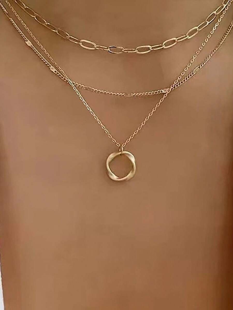 1pc Gold Multi-Layer Necklace With Circle Pendant, Fashionable Personalized Choker Necklace, Suitable For Wedding, Date, Party, Birthday, Women Jewelry Gift - Yellow Gold - View 1