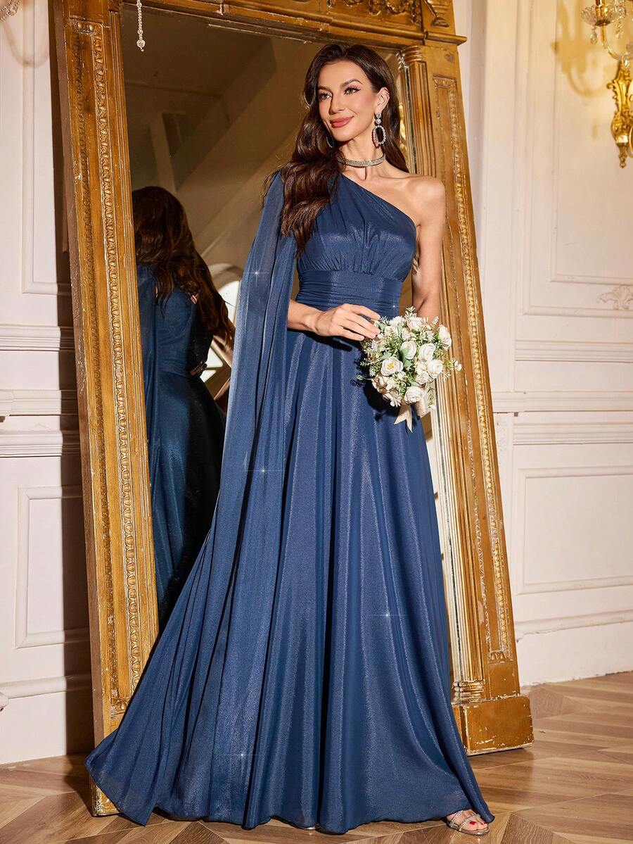 Volly Toych Navy Blue Elegant Classy One Shoulder Extra-Long Cloak Sleeve Maxi Blingbling Chiffon Draped Gown For Special Occasions, Evening Dress, Bridesmaid Dress Spring - Navy Blue - View 1