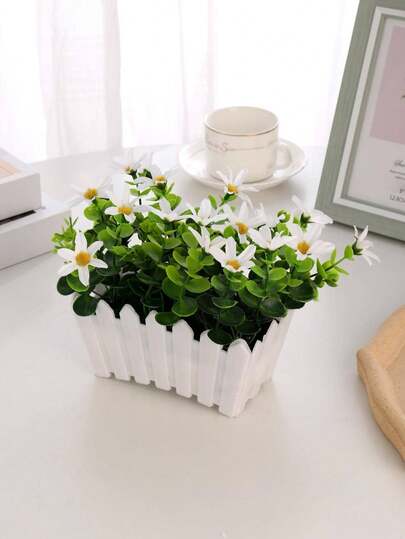 1 件人造装饰盆栽植物，带白色栅栏，仿真绿色植物装饰，适用于家居、办公桌、墙角。