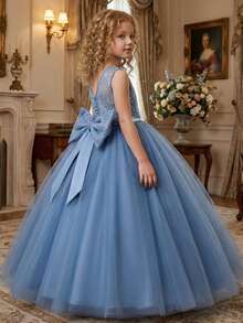 女童长款灰蓝色连衣裙，带大蝴蝶结 V 领薄纱裙，适合生日派对、宴会、舞会 - 藍色 - 查看 6