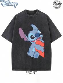 Disney Officially Licensed Graphic T Shirts 100 Percent Cotton Disney Shirt, Stitch & Angel Hugging Heart Couple T-Shirt, Unisex, Washed 230g, Retro Vintage, Crew Neck, Casual Short Sleeve - 黑2 - 查看 2