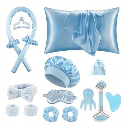 16件套奢华睡眠美发造型女王套装，包含免加热卷发器、面部按摩器、蝴蝶结发带、腕带、头部按摩梳、章鱼按摩器、头皮舒缓按摩器、睡眠眼罩、睡眠帽和收纳袋，以及柔软奢华的睡眠枕套。免加热卷发套装，夜间卷发器，适合打造各种美丽卷发，集头发按摩于一体，是母亲节、婚礼、毕业典礼的绝佳礼物。