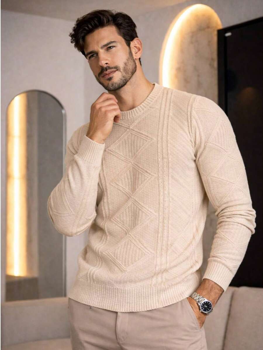 Knitted Sweater Men's Sweater Tops Chic Cold Weather High Quality Autumn Winter Long Sleeve Pullover - 米色 - 查看 1