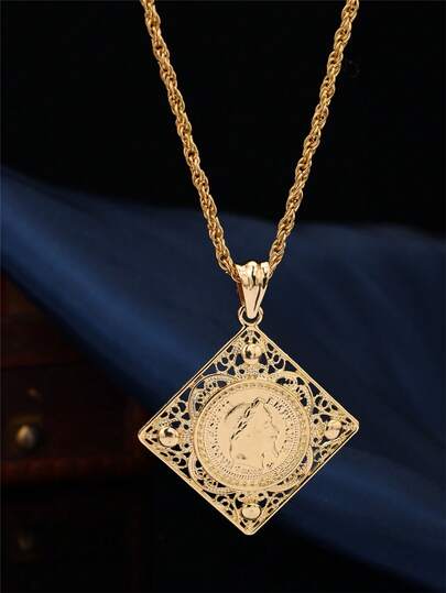 1pc Vintage Palace Style Women's Necklace, Gold-Plated Zinc Alloy Material With Coin Portrait & Filigree Rhombus Pendant Clavicle Chain, Couple Style, Attractive Party Accessory Necklace