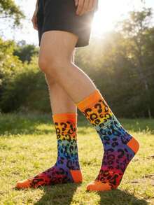 1双男女通用袜子，常规秋冬休闲情侣袜，豹纹个性时尚休闲袜 - 彩色 - 查看 2