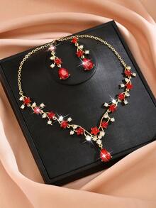 New Flower Crystal Necklace & Earrings Jewelry Set, Clavicle Chain, Bridal Wedding Dress Accessories - Red - View 4