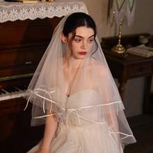 1pc Simple Satin Ribbon Bridal Veil With Double-Layer Bow - Super Fairy-Tale Wedding Registration And Photo Prop - A Wedding Nourishment For Brides Saying Goodbye To Single Lifehen Party Suppliesbride - View 4