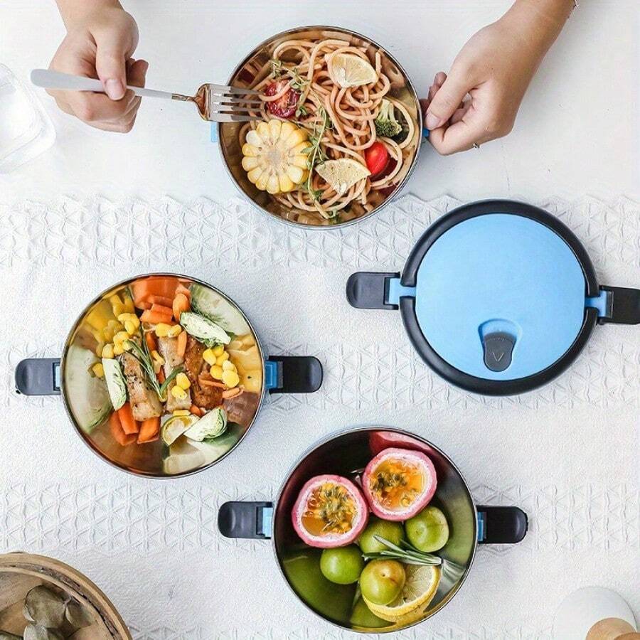 1个304不锈钢双层真空保温午餐盒，采用节省空间的圆形设计，适合办公室、露营或旅行使用。 - 彩色 - 查看 1