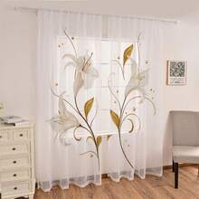 2 片装薄纱窗帘，饰以优雅的白色百合花和金色藤蔓叶子，2D 平面印花，半透明，奢华简约风格，适用于客厅、卧室和书房。 - 彩色 - 查看 1