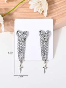 一对复古时尚简约心形锤纹链条流苏耳环，适合女性日常、派对、四季佩戴 - 彩色 - 查看 3