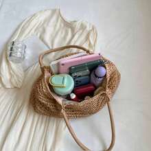 Fashion Straw Bag Large Capacity Beach Bag Summer Fashion Women's Bag Tote Shoulder Bag , Beach Bag , Summer - 卡其色 - 查看 9