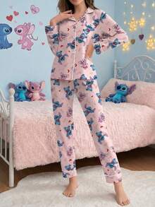 Disney 2pcs Stitch Printed Ruffle Collar Casual Long Sleeve Top And Pants Women Pajama Set - Pink - View 4