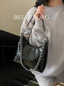 时尚链条肩带大容量通勤单肩包，适合油性皮肤女性 - 黑色 - 查看 1