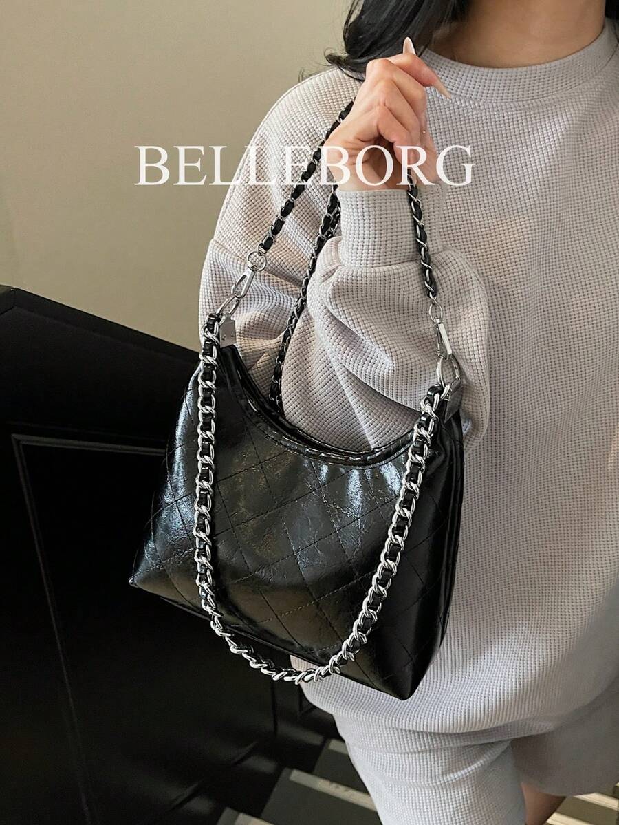 时尚链条肩带大容量通勤单肩包，适合油性皮肤女性 - 黑色 - 查看 1