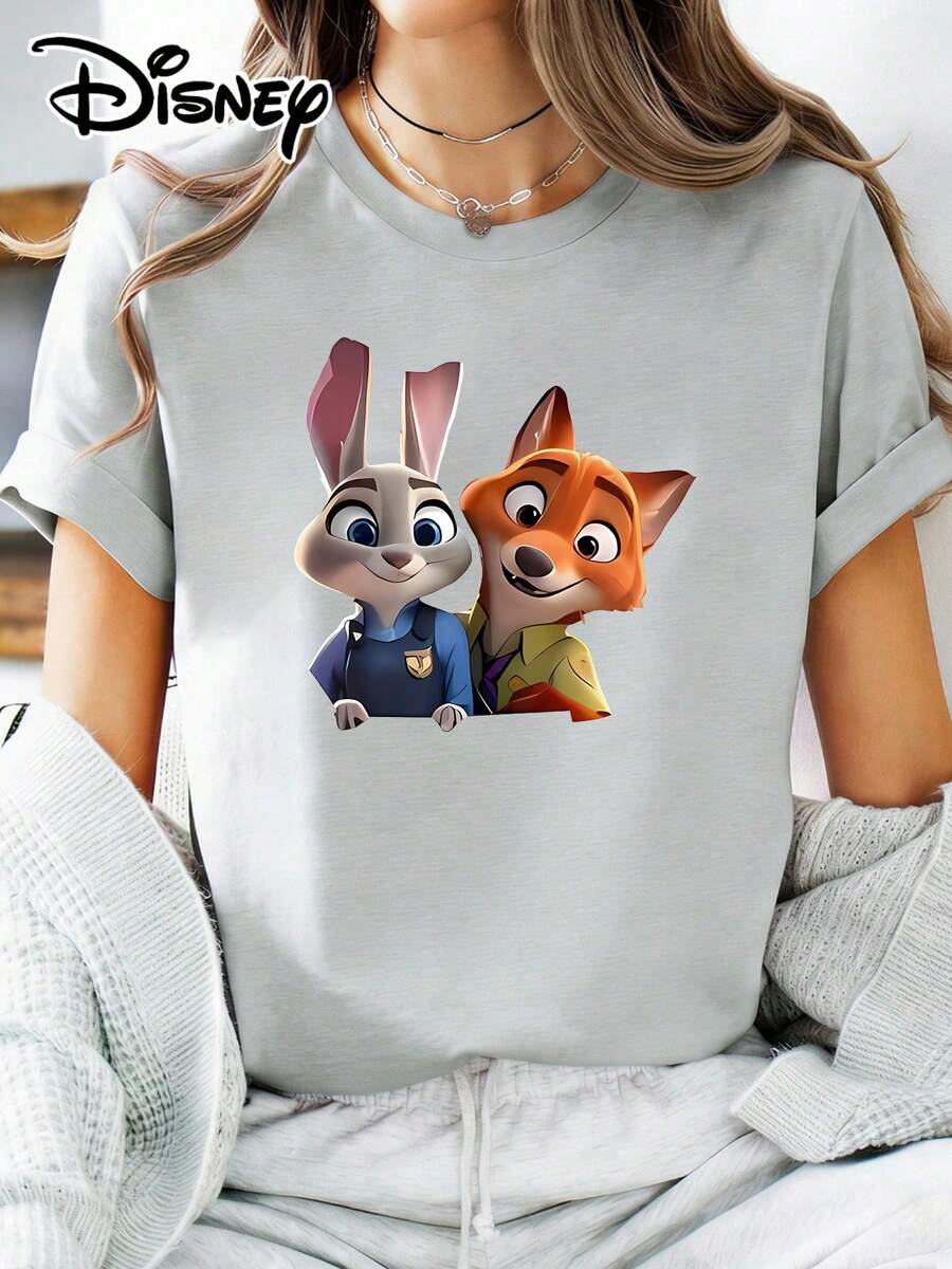 Soft Cotton T-Shirt | Disney "Zootopia Judy & Nick" Graphic Tee | Casual Daily WearMade With Soft, Comfortable, And Durable Materials, This Is An Ideal Choice For Spring And Summer. This Crew Neck T-Shirt Is Suitable For Various Occasions, Including Everyday Wear, Shopping, Parties, Travel, And Gatherings, And Also Makes A Thoughtful Gift. - 灰色 - 查看 1