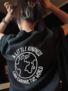 Women's Summer New Letter Print Round Neck Short Sleeve T-Shirt, Casual Loose Versatile Top For Daily Wear - Black - View 6