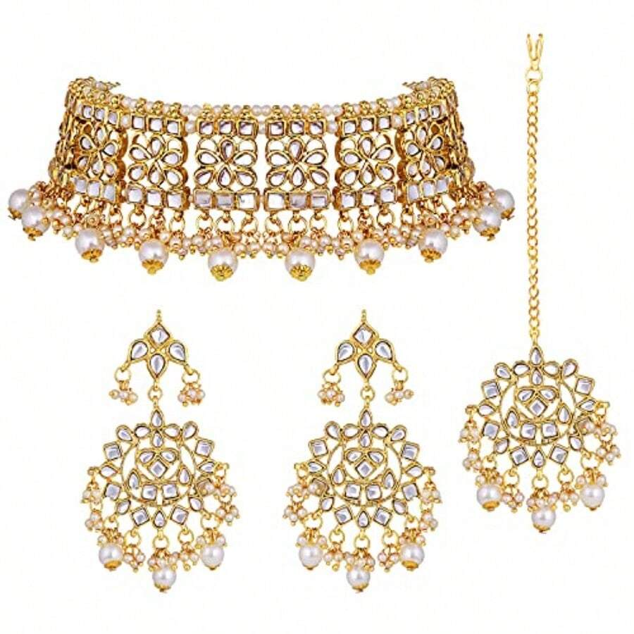 I Jewels Indian Gold Plated Traditional Kundan Choker Ethnic Bollywood Designer Jewelry Set with Earrings and Maang Tikka For Women - Blanco - Ver 1