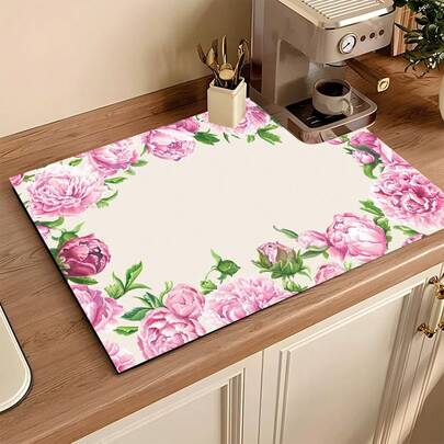 1 pieza Felpudo absorbente con estampado floral de clavel, decorativo para la cocina, máquina de café, escurridor de cafetera hecho a mano, felpudo de piso de cocina, mantel de mesa de comedor, almohadilla de secado de platos de encimera de cocina, felpudo de desayuno, posavasos resistentes al calor y antideslizantes, felpudo de lavadora, felpudo de drenaje de diatomita, oculta manchas, felpudo de cocina súper absorbente, fácil de limpiar, adecuado para cocina, mesa de comedor, cafetería, bar, vacaciones, fiestas, decoración del hogar, regalos festivos