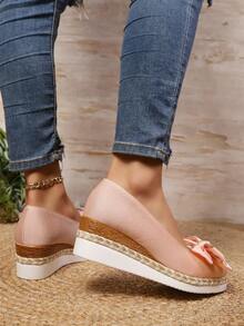 优雅甜美坡跟一脚蹬女鞋，低鞋面蝴蝶结亚麻休闲时尚鞋，适合春秋季户外穿着 - 粉色 - 查看 3