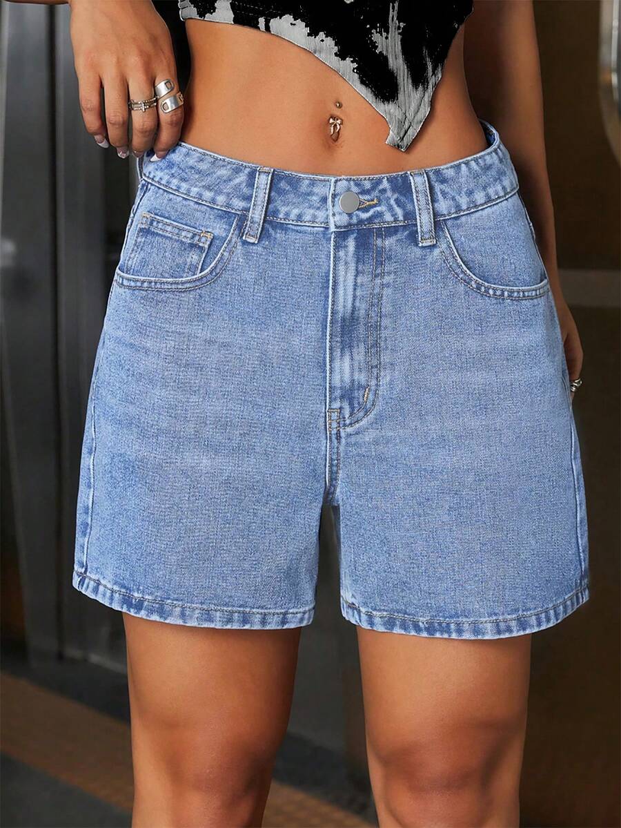 Quần short denim dài đến đầu gối cạp cao phong cách retro giặt rộng rãi cho nữ, thời trang phong cách cổ điển giản dị cho mùa hè - Rửa trung bình - Xem 1