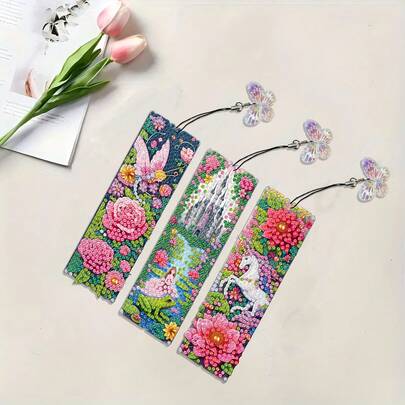 3pcs/Set DIY Diamond Painting Bookmarks - Floral Design, Multicolor Mosaic Decor
