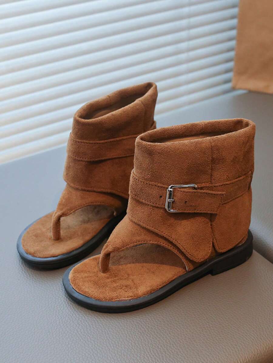 1 Pair Children's Retro Suede Leather High-Top Sandals With Toe Strap And Buckle Design