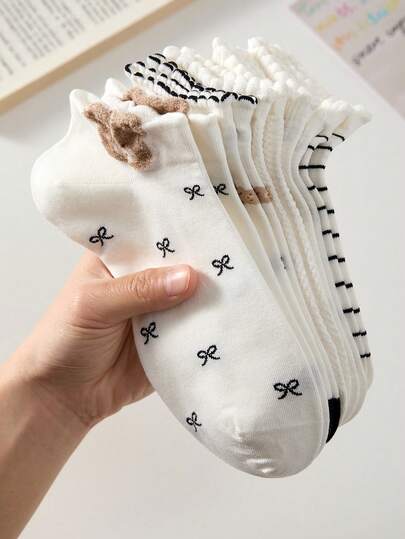 5 Pairs Women's White Socks With Bow, Polka Dot & Bear Patterns, Non-Slip Comfortable Breathable, Suitable For Spring And Summer