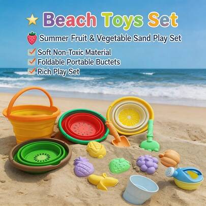 New Vegetable & Fruit Series Beach Toy Set, Includes Foldable Bucket, Shovel, Sand Molds