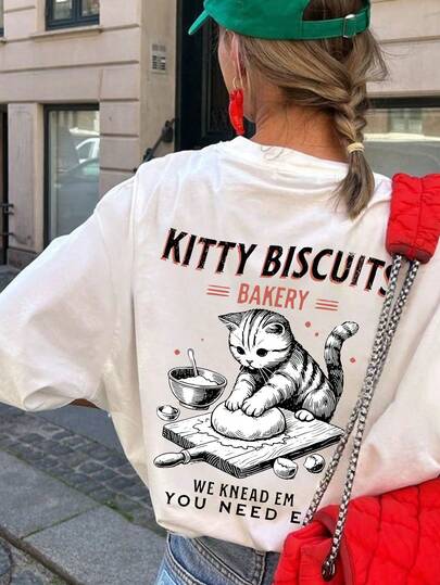 1pc Women's Summer Round Neck Short Sleeve T-Shirt, Cat Pattern Theme English Print Blouse, Suitable For Summer, Beach, Street, Daily, Work, Office Party, Outing, Carnival, Music Festival, Valentine's Day, Party Occasions. Fashionable Women's Style Shirt, Ladies' Holiday Wear. Elegant Office Wear, Cute Tops, Women's Holiday Outfit, Date Night Dress, Ladies' Graceful Blouse, Summer Casual Wear, Women's Resort Outfit.