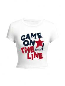 Women's Round Neck Short Sleeve T-Shirt, Summer New Letter Print, American Fashion Slim Fit Cropped Top - White - View 3