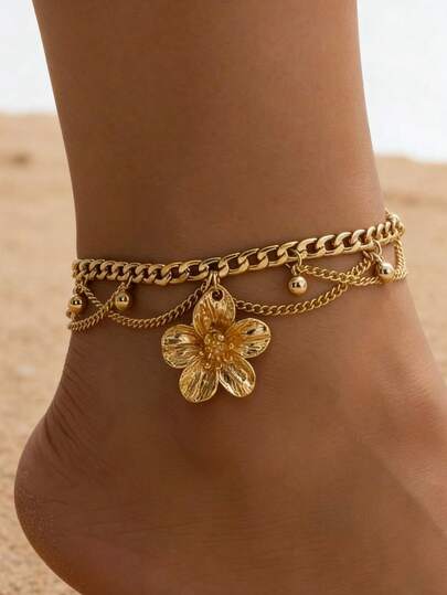 1pc Tassel & Golden Flower Pendant Multi-Layer Anklet, Women Beach Resort Accessory
