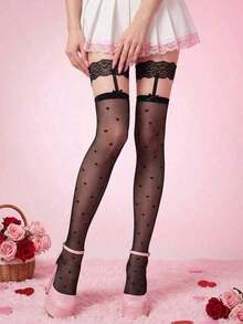 1 Pair Heart Thigh High Socks, Solid Color Ultra-Suspender Over--Knee Socks Women, Suitable Valentine's Day, Couple Dates, Holiday Parties - Đen 2 - Xem 2
