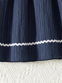 Girls' Casual Solid Color Sleeveless Button Decor Flared Hem Knee-Length Dress, Spring/Summer - Navy Blue - View 8